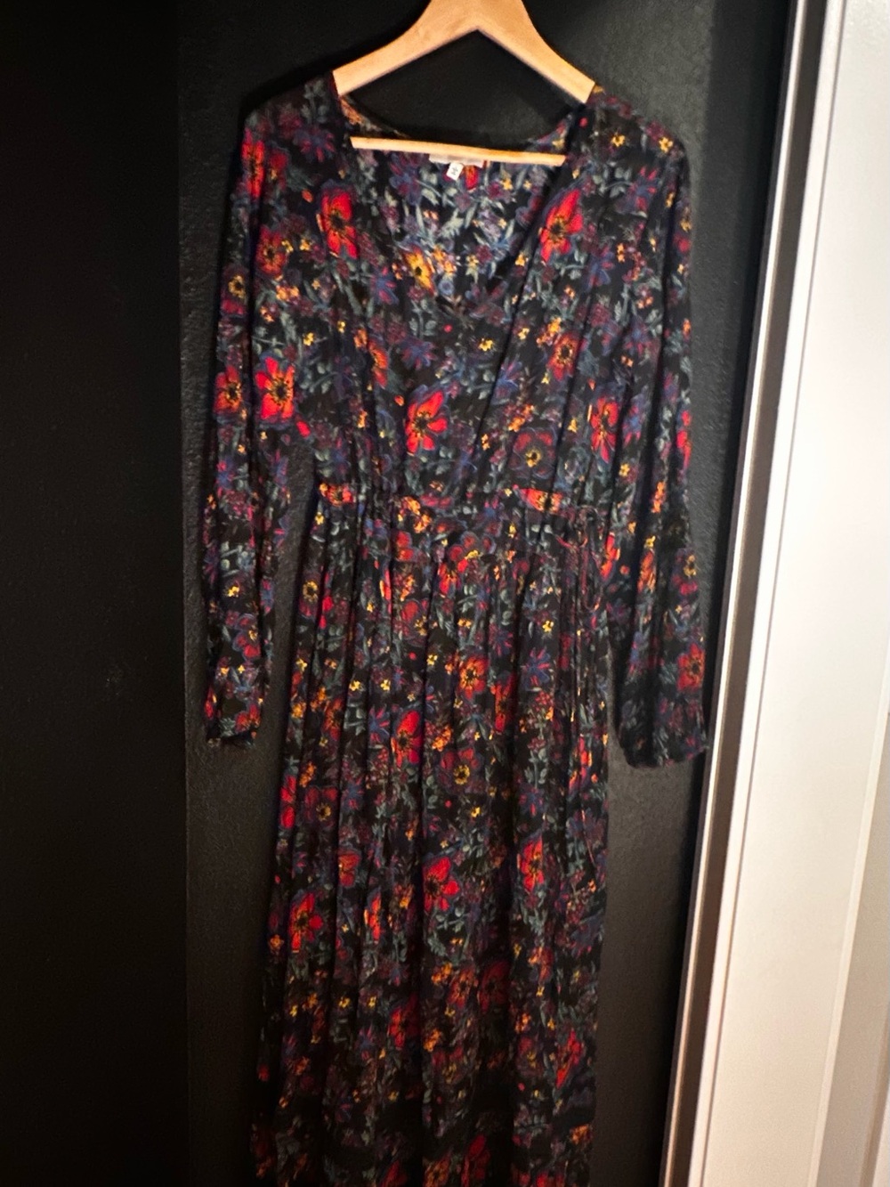 Black Maxi Dress with Red Floral Print - V-Neck Long Sleeve